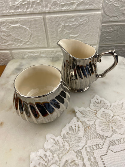 Hand Painted Porcelain Sugar & Creamer Set by Sadler | Silver Lustre Swirl Pattern