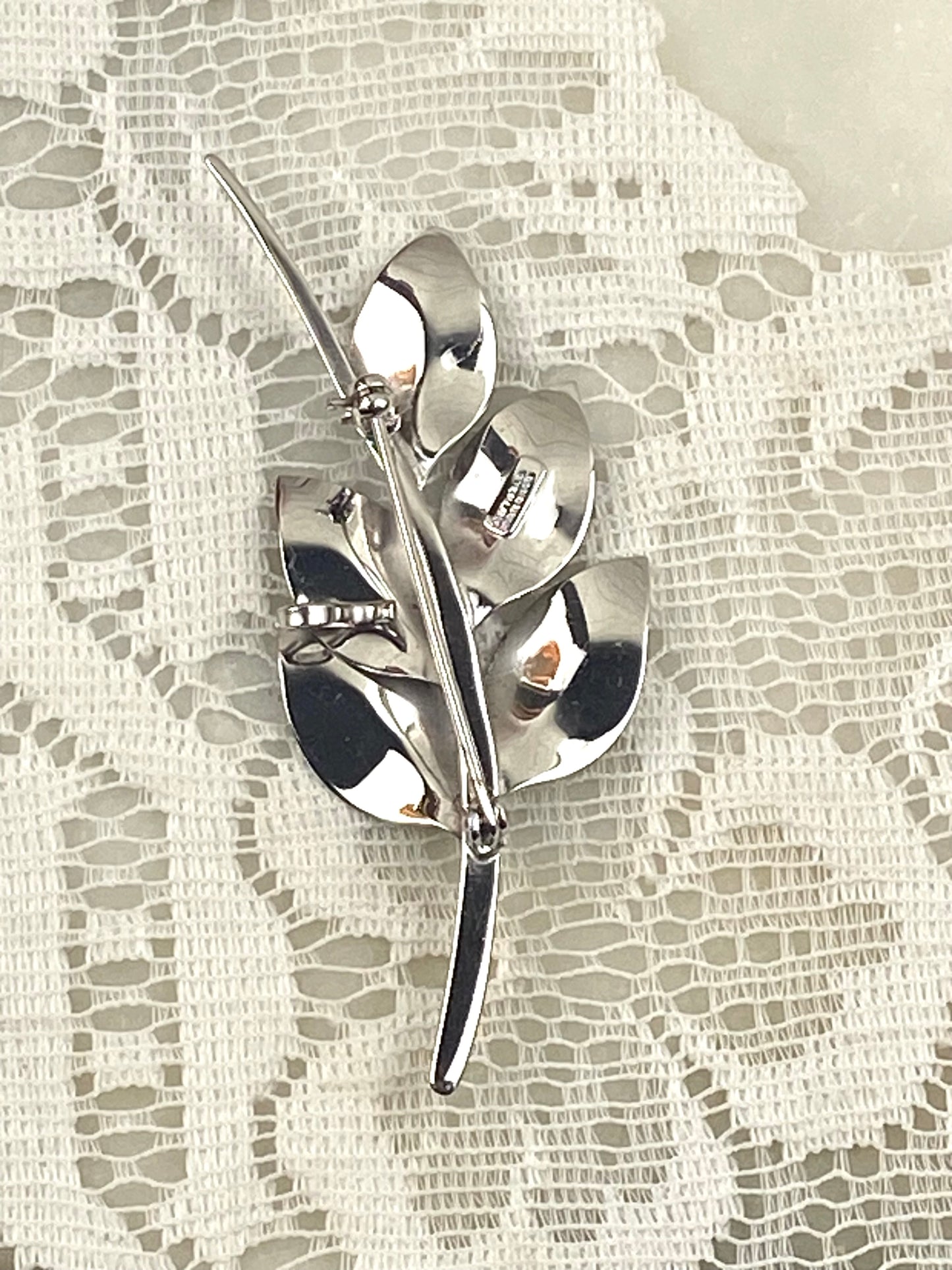 Sterling Bond Boyd Designer Brooch | Brushed Silver Leaves with Stem