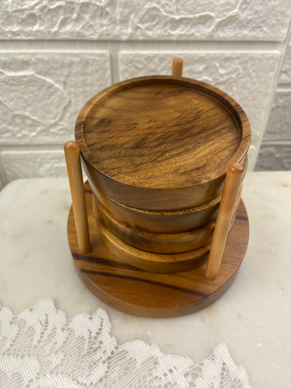 Set of 4 x Round Myrtlewood Drink Coasters with Stand