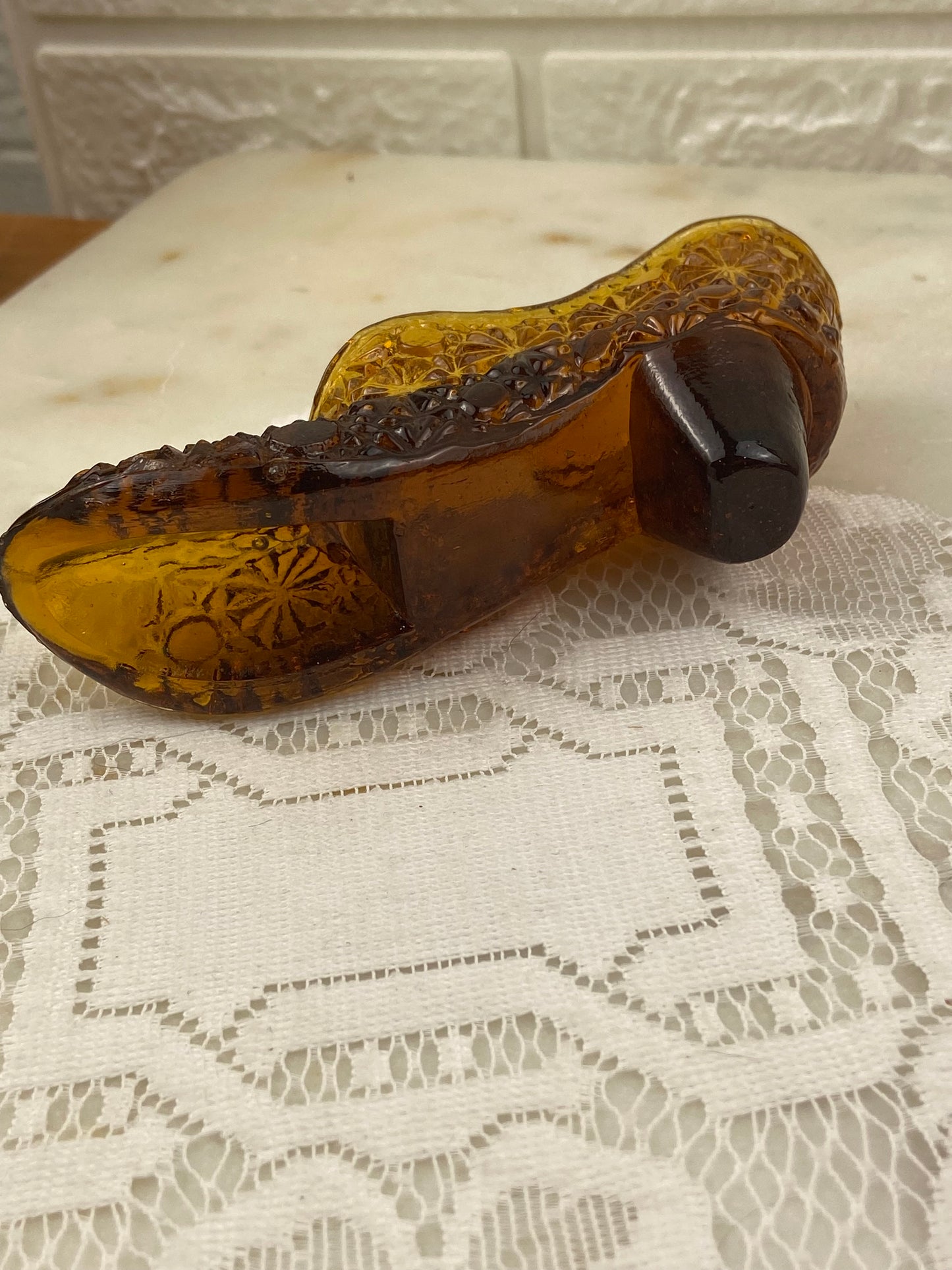 Dark Amber Glass Slipper with Button & Daisy Pattern | Match Strike Heel