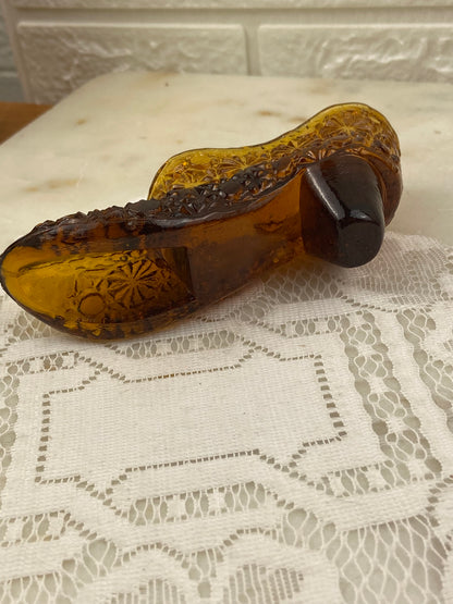 Dark Amber Glass Slipper with Button & Daisy Pattern | Match Strike Heel