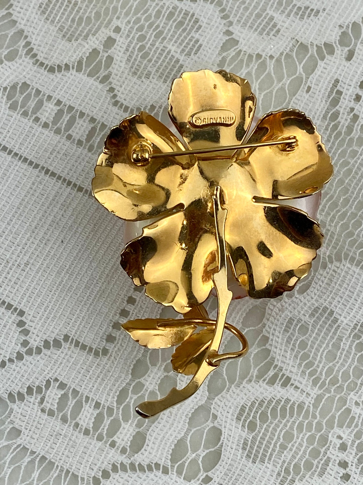 Giovanni Designer Brooch | Hand Painted Pink & Cream Porcelain Rose with Gold-Tone Stem and Leaves