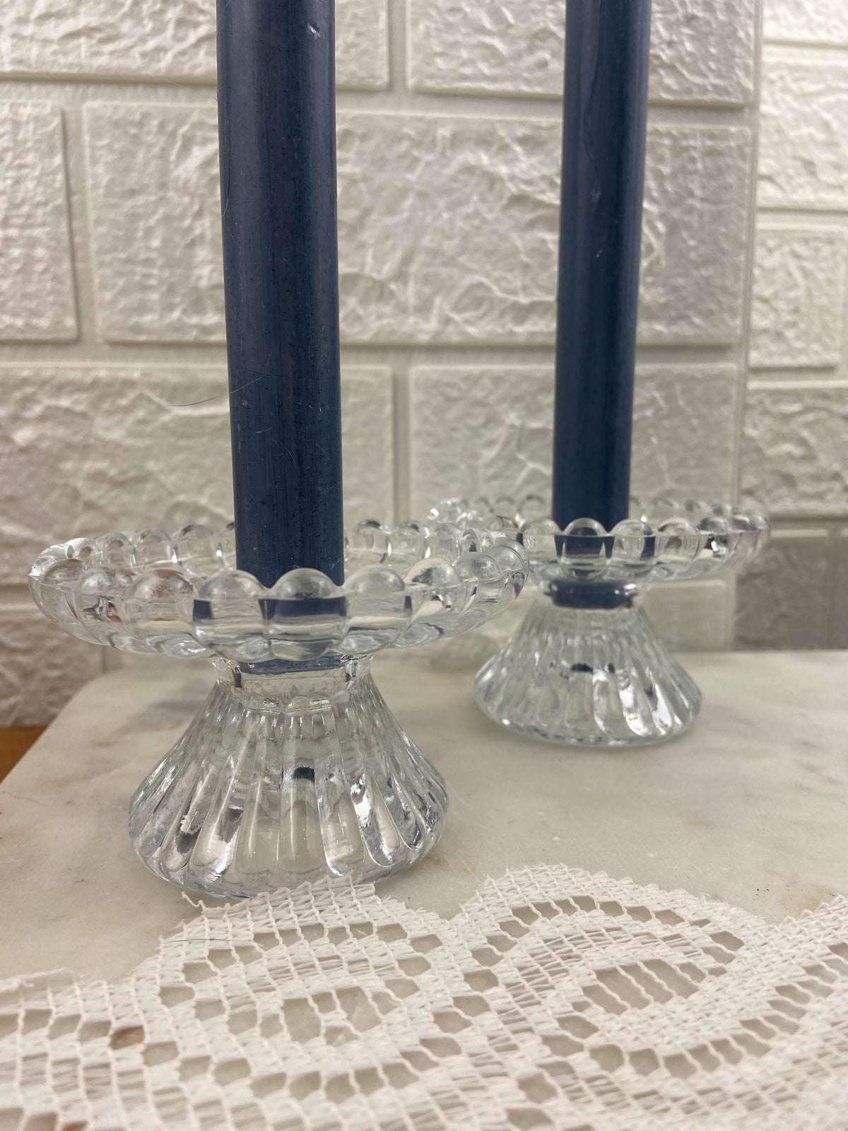 Pair of Pressed Glass Candle Holders with Fluted Rim