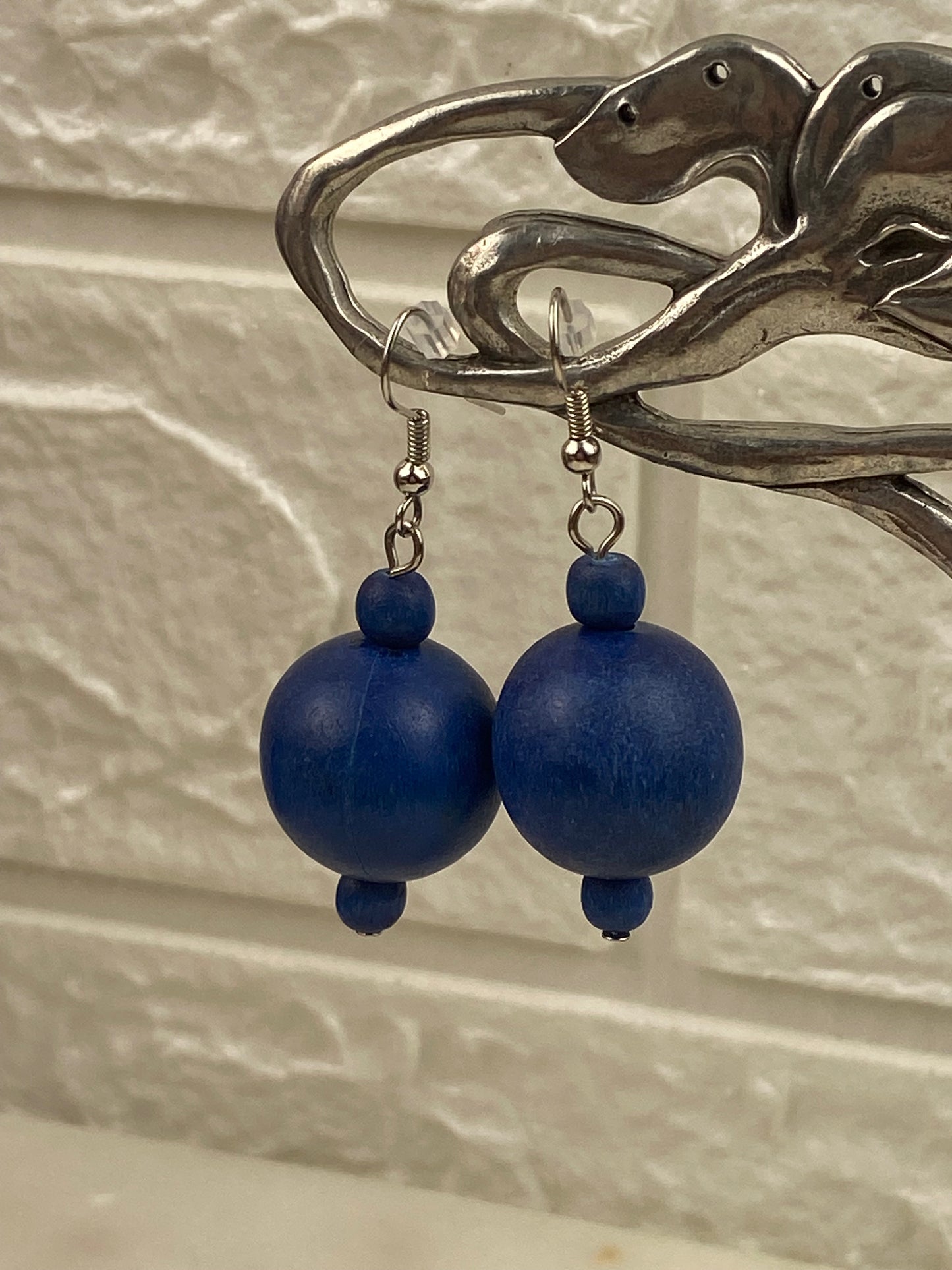 Hand Painted Blue Wooden Bead Earrings [Hooks]