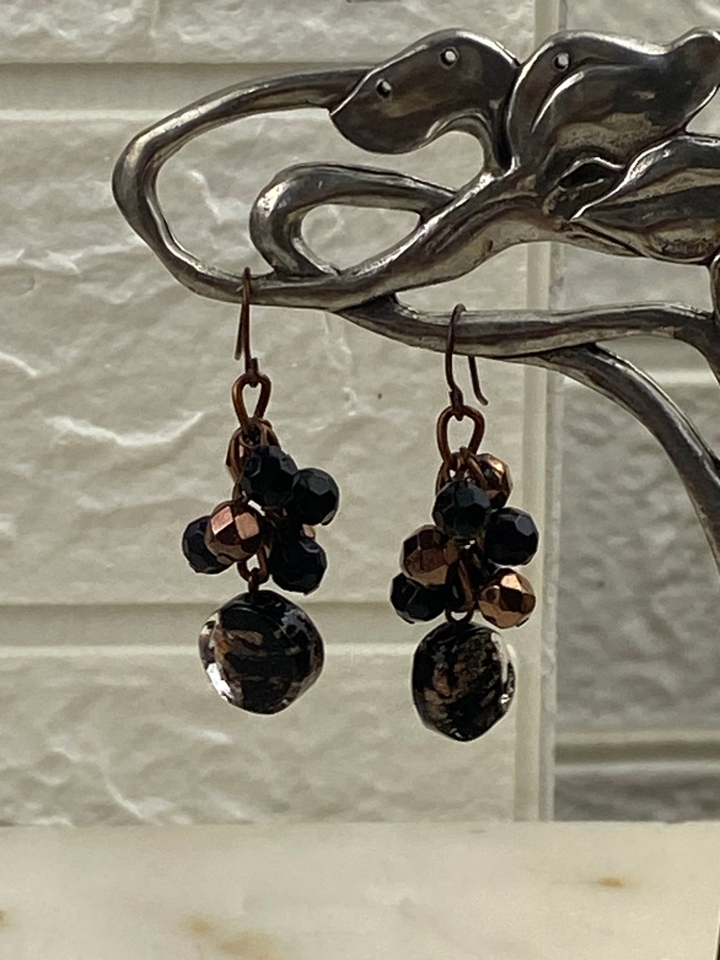 Black and Copper Hand Turned Glass Dangle Earrings [Hooks]