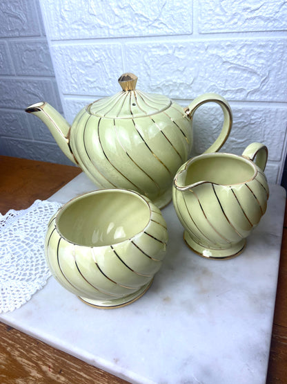 Sadler Yellow Rippled Teapot with Open Sugar Bowl and Creamer Set