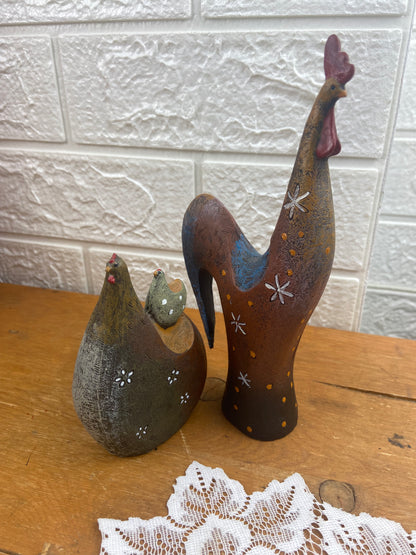 Pair of Hand Painted Folk Art Ceramic Rooster and Hen with Chick Figurines | Textured Pattern