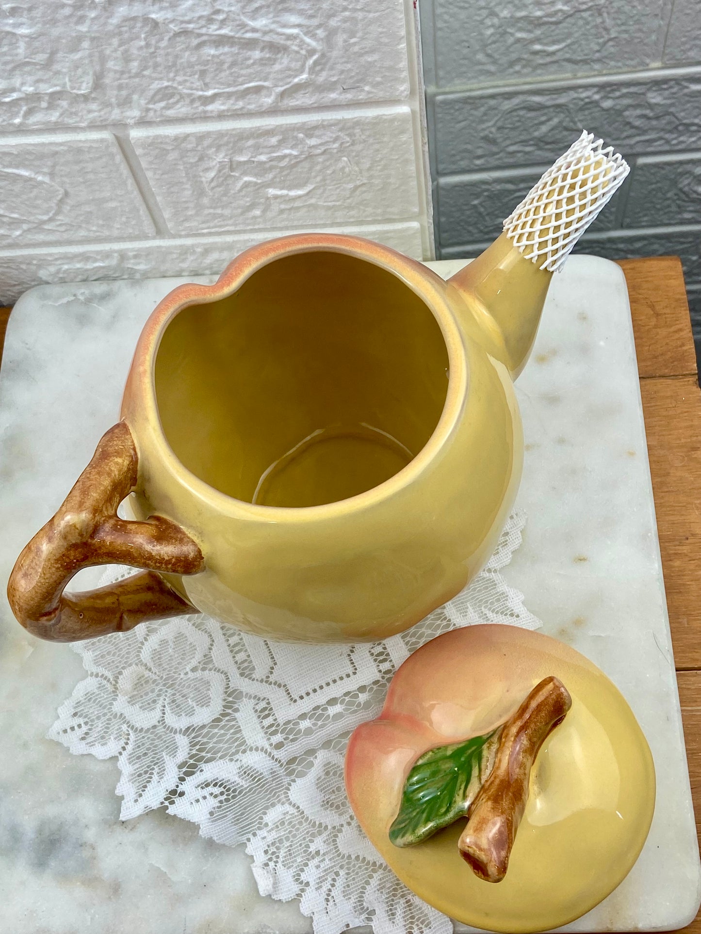 Hand Painted Block Molde Peach Teapot by Barbara Eigen