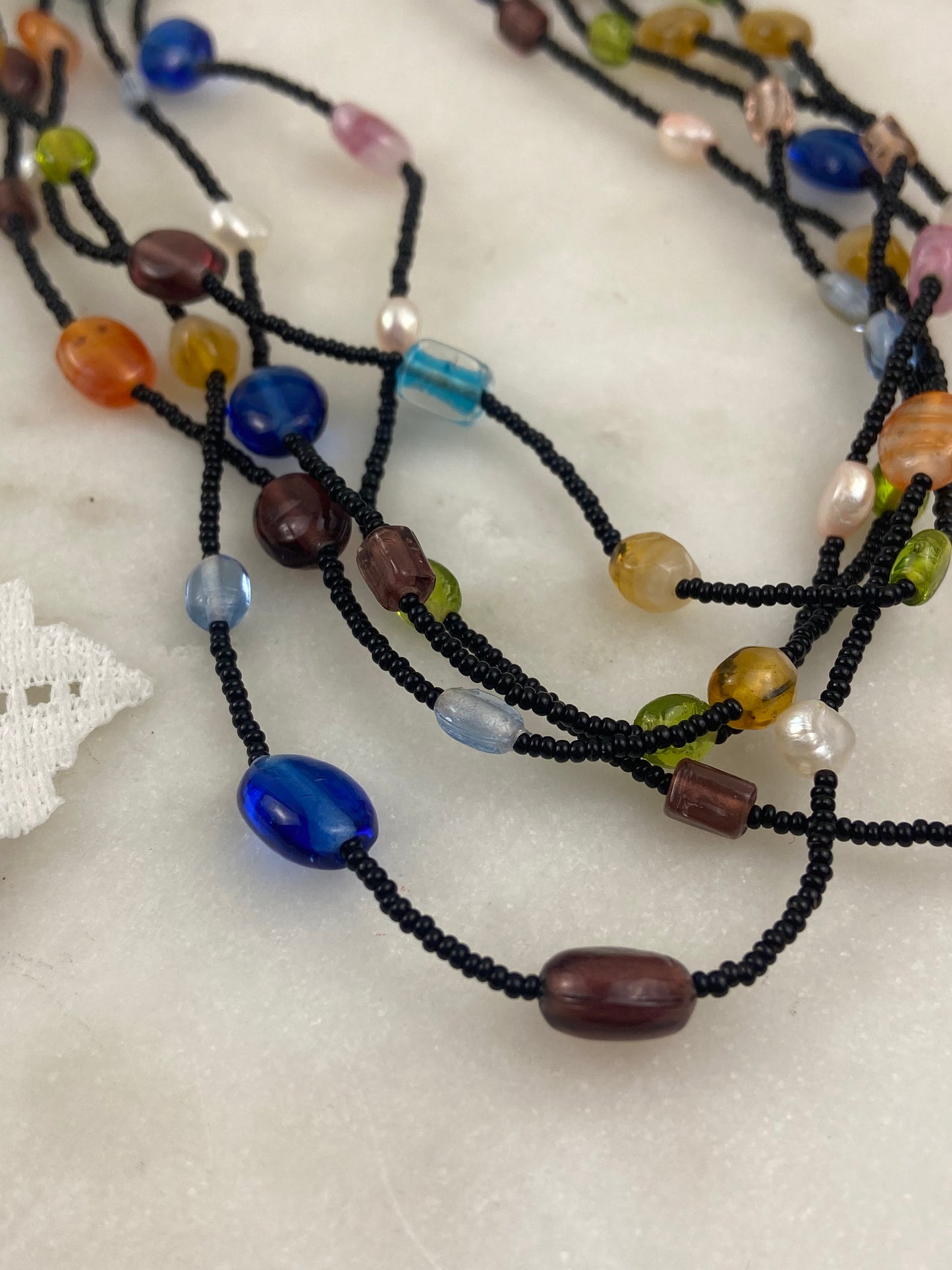 Colourful Handmade Multi-Strand Beaded Necklace with Pearls and Glass Beads