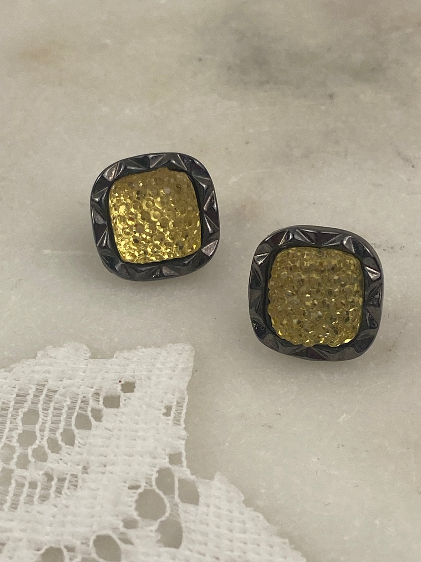 Small Black and Lemon Yellow Textured Square Earrings [Posts]