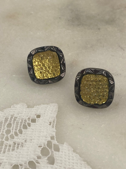Small Black and Lemon Yellow Textured Square Earrings [Posts]