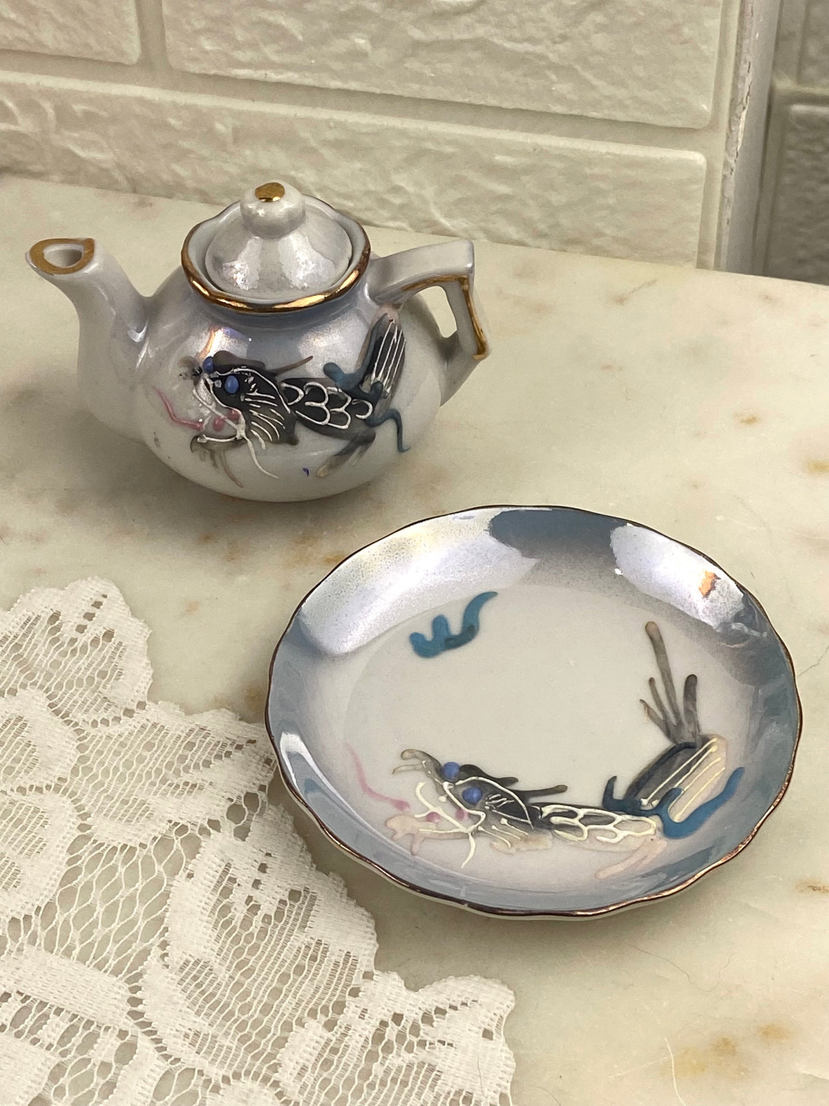 Hand Painted Porcelain Mini Teapot with Matching Plate | Textured Dragon with Irridescent Glaze