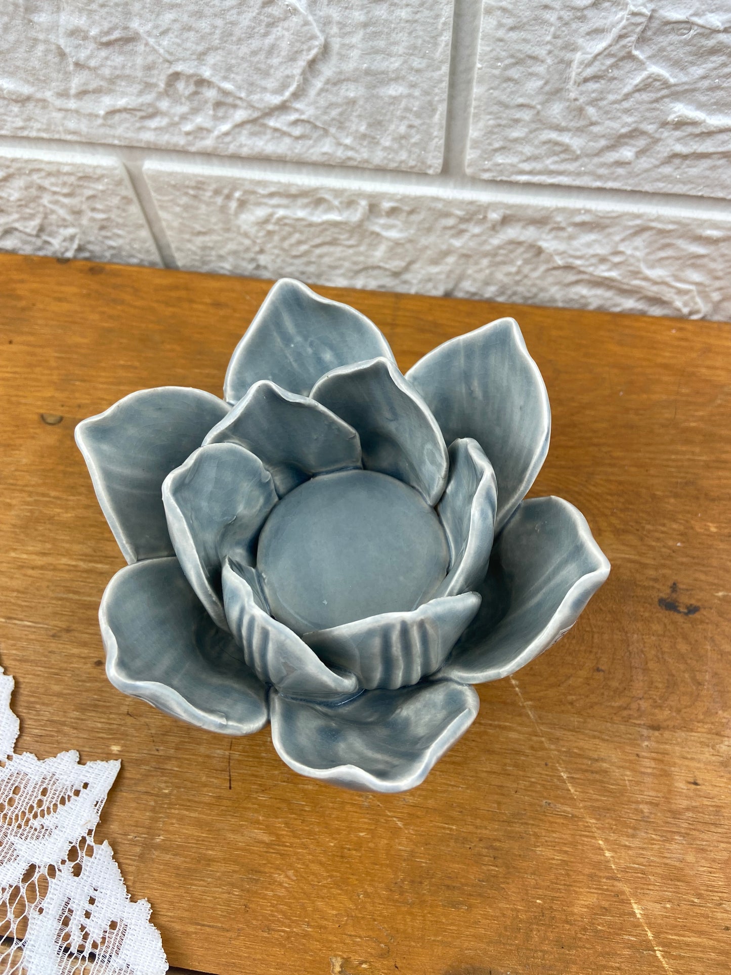 Ceramic Lotus-Shaped Candle Votive with Small Candle