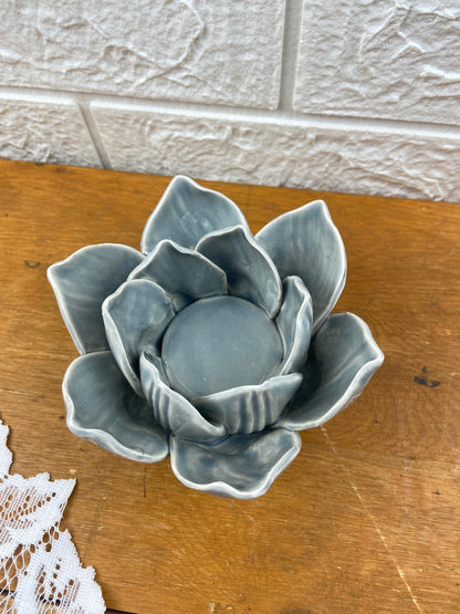 Ceramic Lotus-Shaped Candle Votive with Small Candle