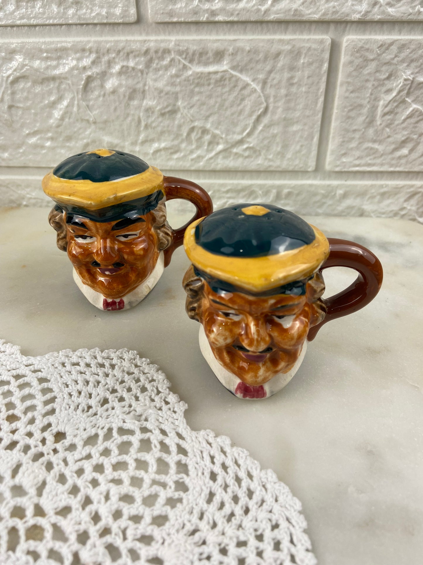 Pair of Porcelain Character Heads | Novelty Salt & Pepper Shakers