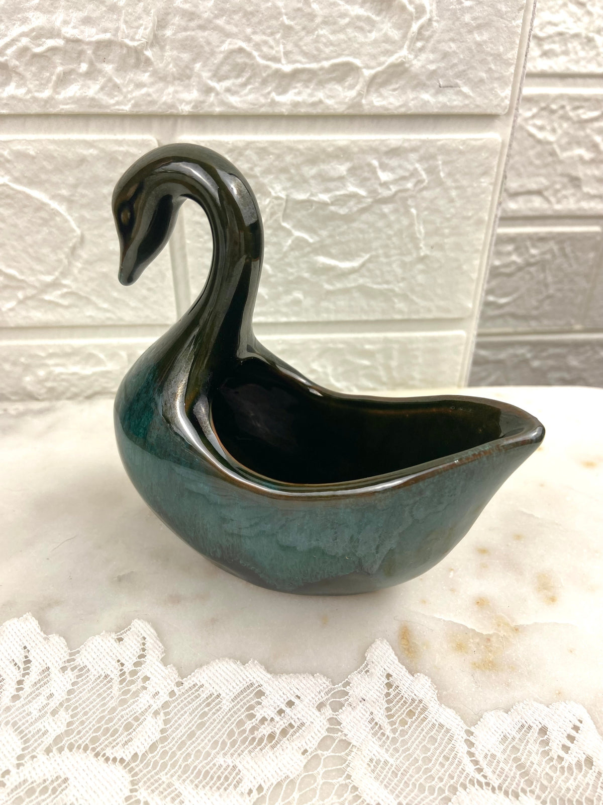 Small Clay Swan Planter with Brown and Green Drip Glaze by McMaster Pottery