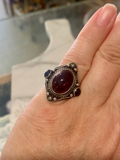 Sterling Silver Bohemian Ring with Rope Twist Detail | Clear Pinkish- Red Cabochon