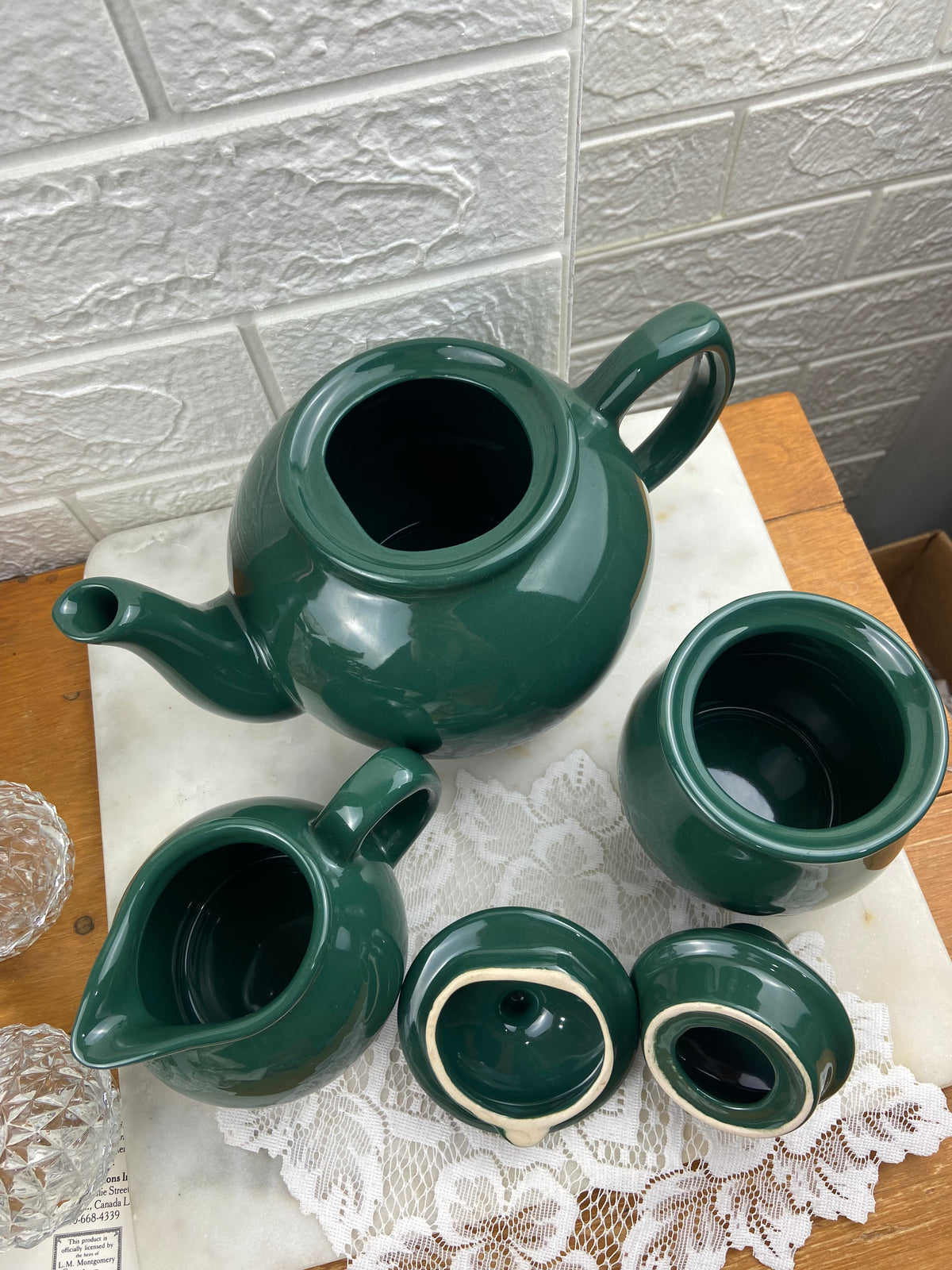 Glossy Ceramic Teapot, Creamer and Pitcher in Forest Green