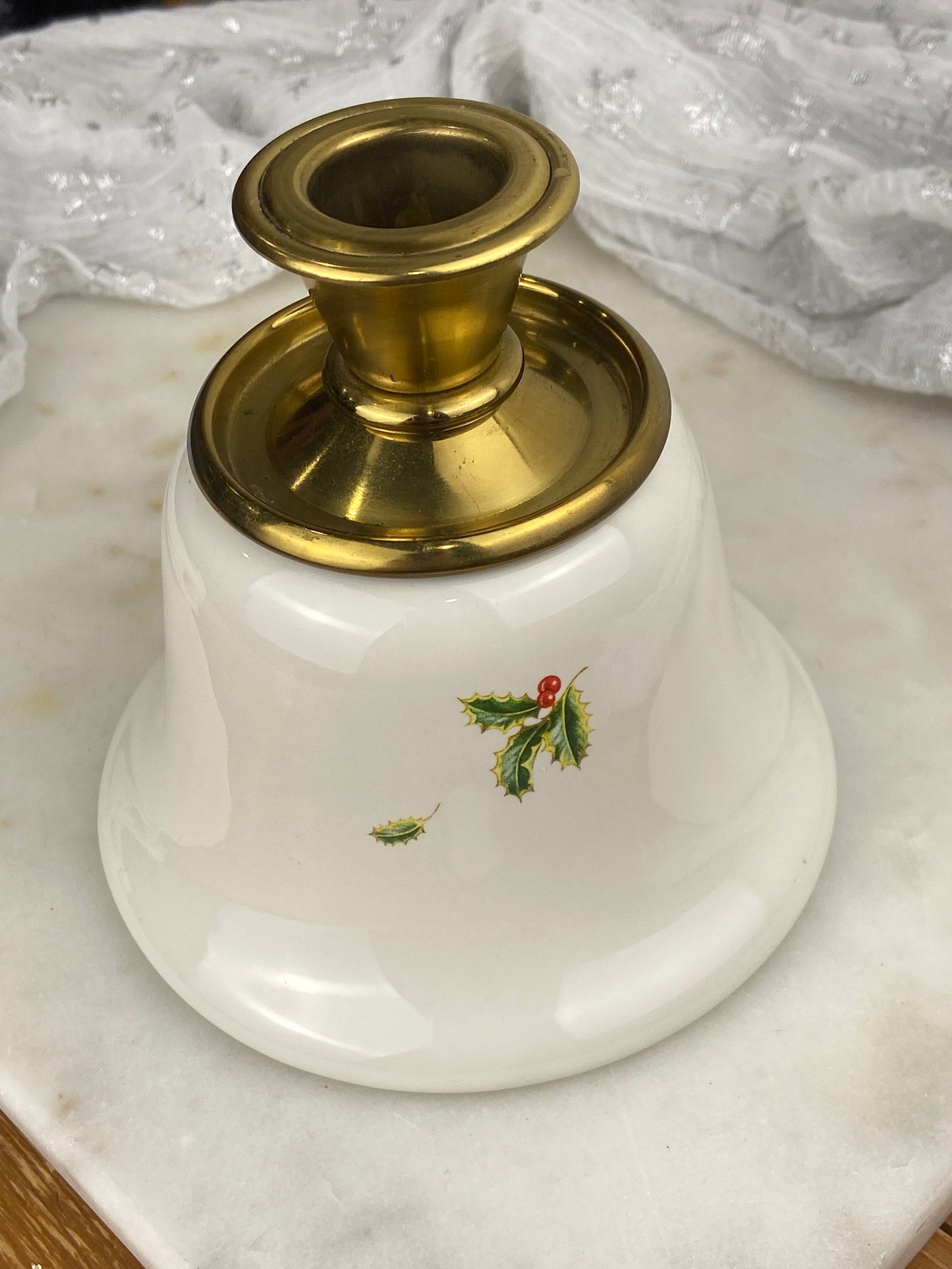 Bell-Shaped Porcelain and Brass Candle Holder | Christmas Holly Pattern