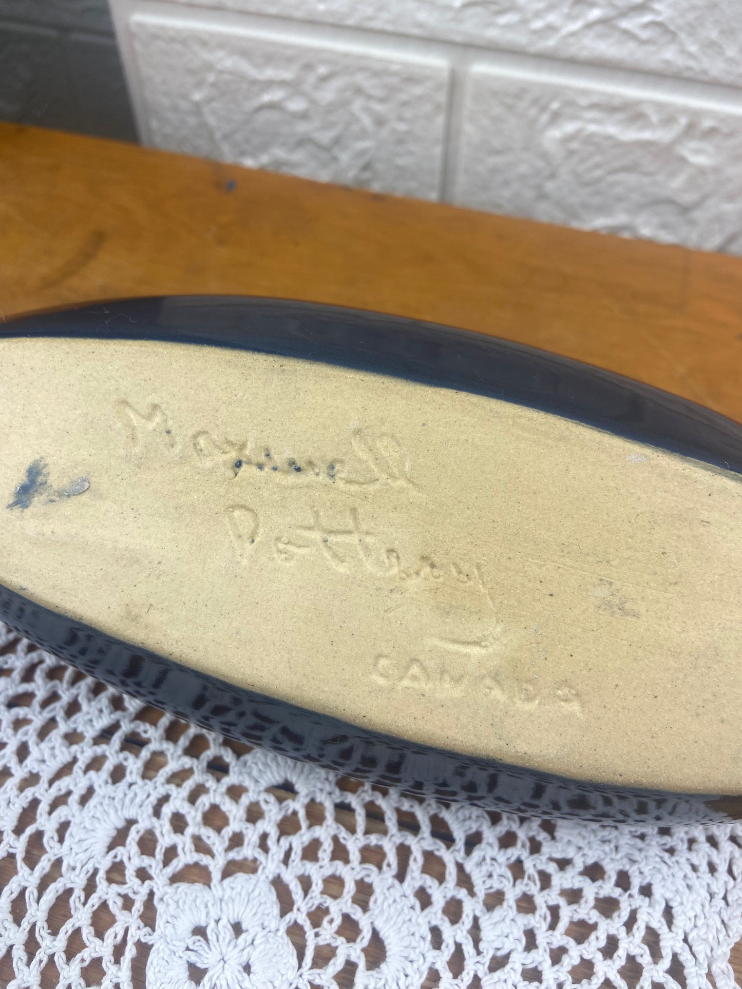 Handmade Navy Blue Pottery Canoe