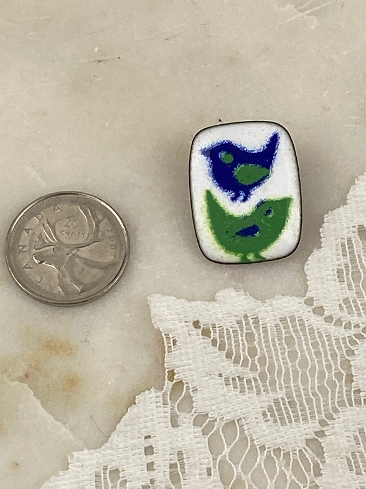 Handmade Copper and Enamel Brooch with Two Birds by Playbird