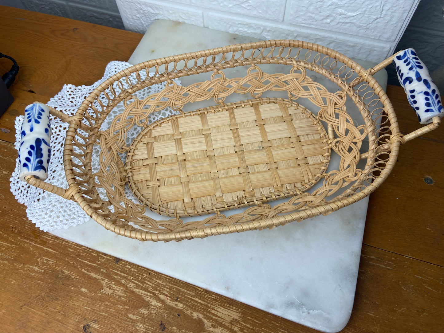 Hand Woven Bread Basket with Blue & White Porcelain Handles