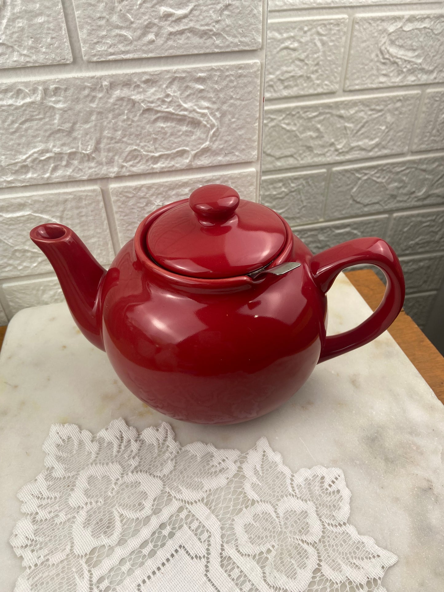 Red Teapot with Metal Strainer