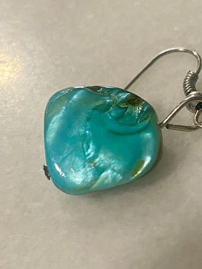 Turquoise Coloured Mother of Pearl Dangle Earrings [Hooks]