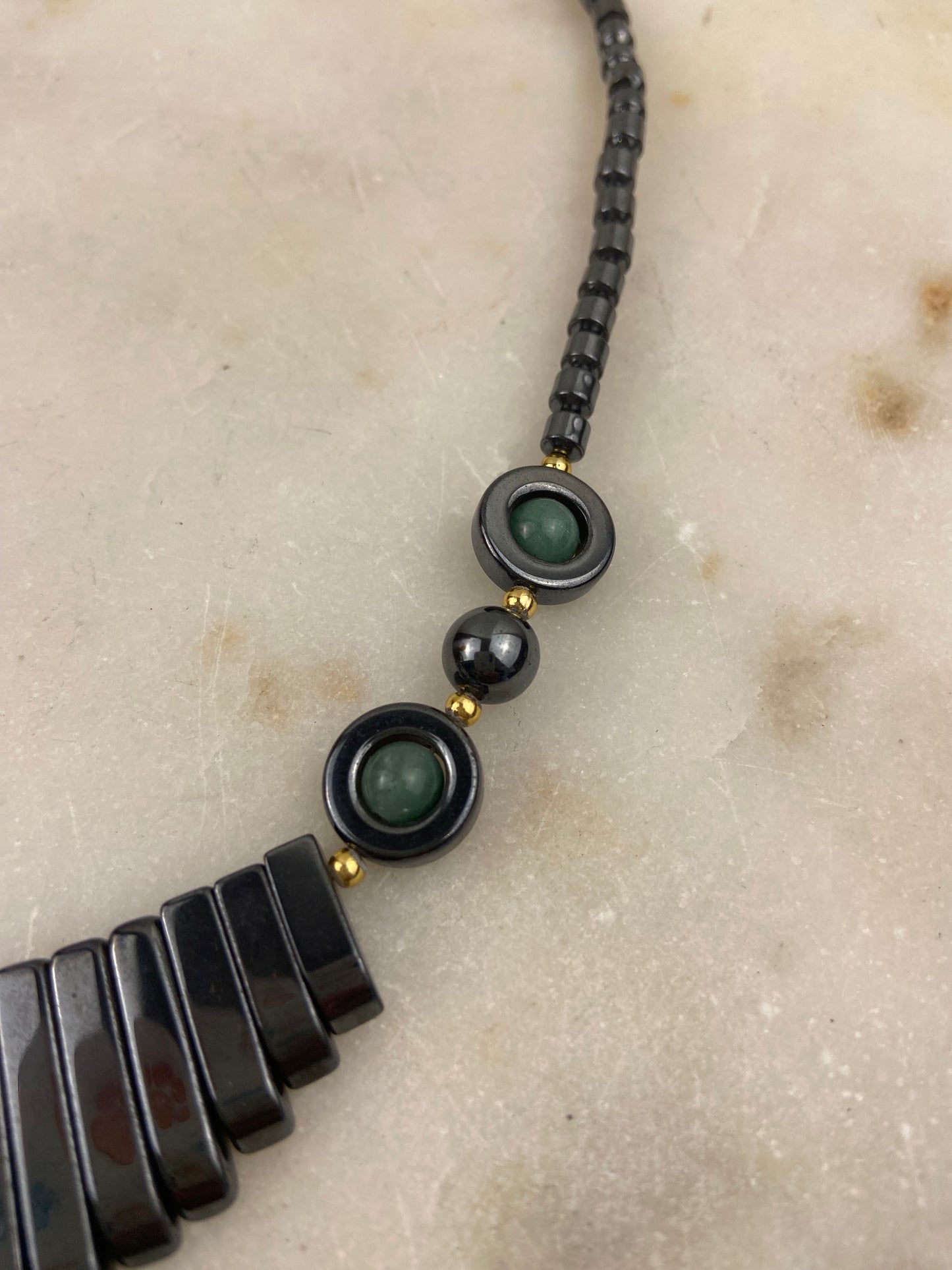 18” Hematite Waterfall Necklace with Green Gemstone Beads and Screw Clasp
