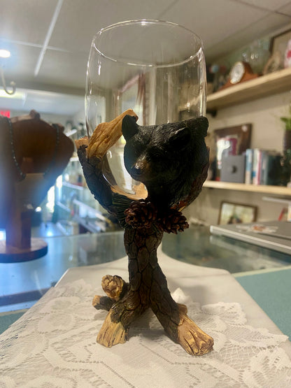 Resin Black Bear Encased Wine Glass with Forest—Themed Stem