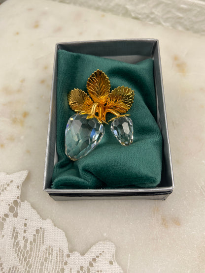 Crystal Strawberry Brooch with Gold-Plated Leaves and Stem by Swarovski Crystal