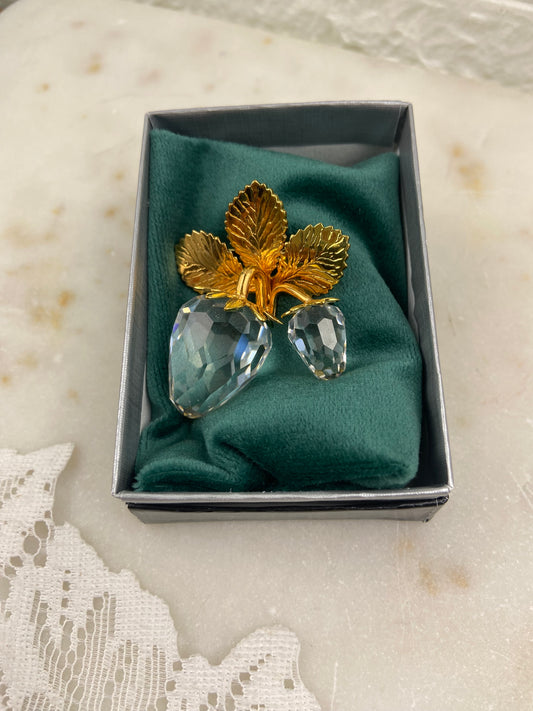 Crystal Strawberry Brooch with Gold-Plated Leaves and Stem by Swarovski Crystal