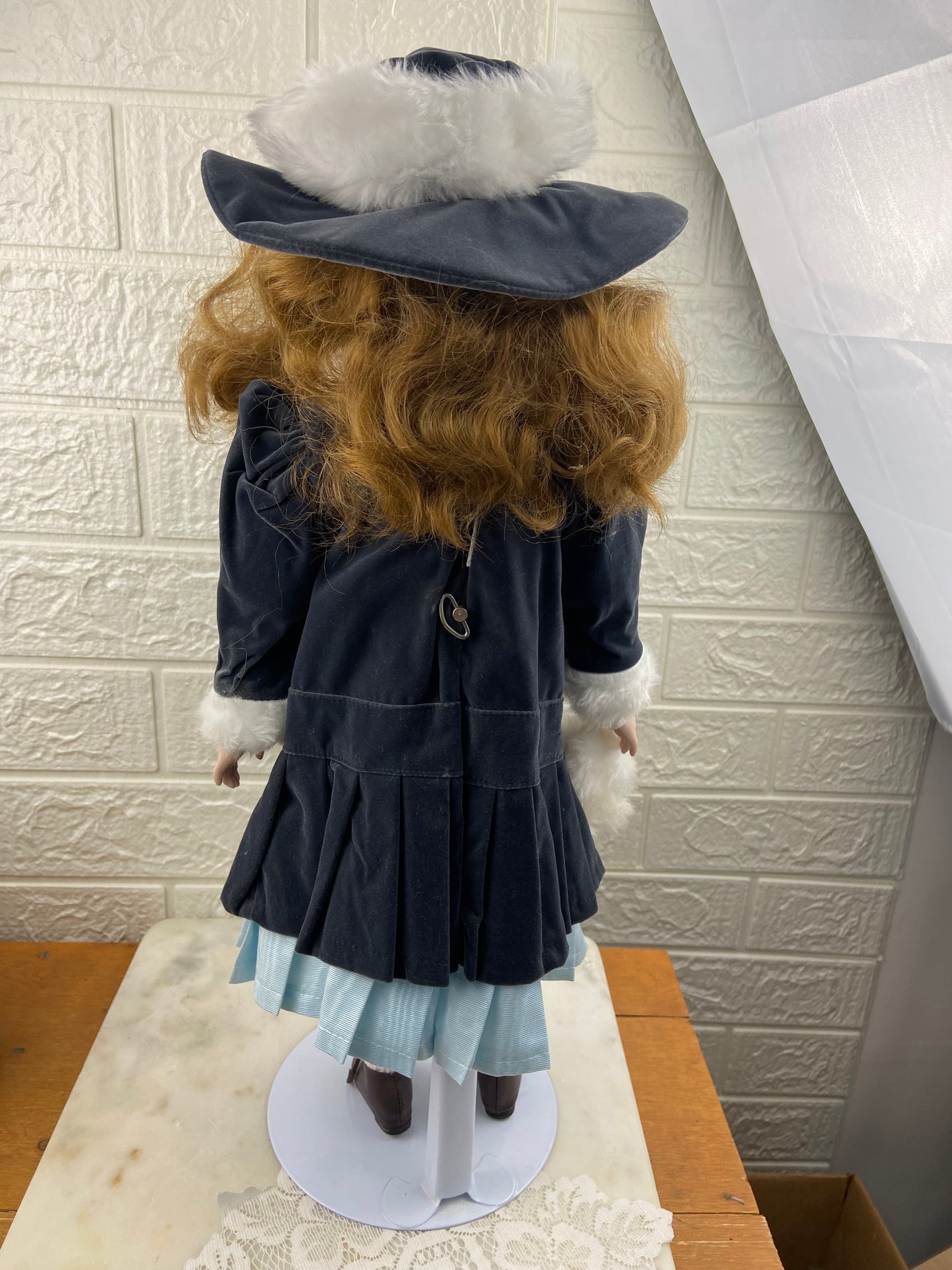 19” Bisque Porcelain Doll with Blue Velvet Dress, Pantaloons and Hat | Includes Metal Doll Stand
