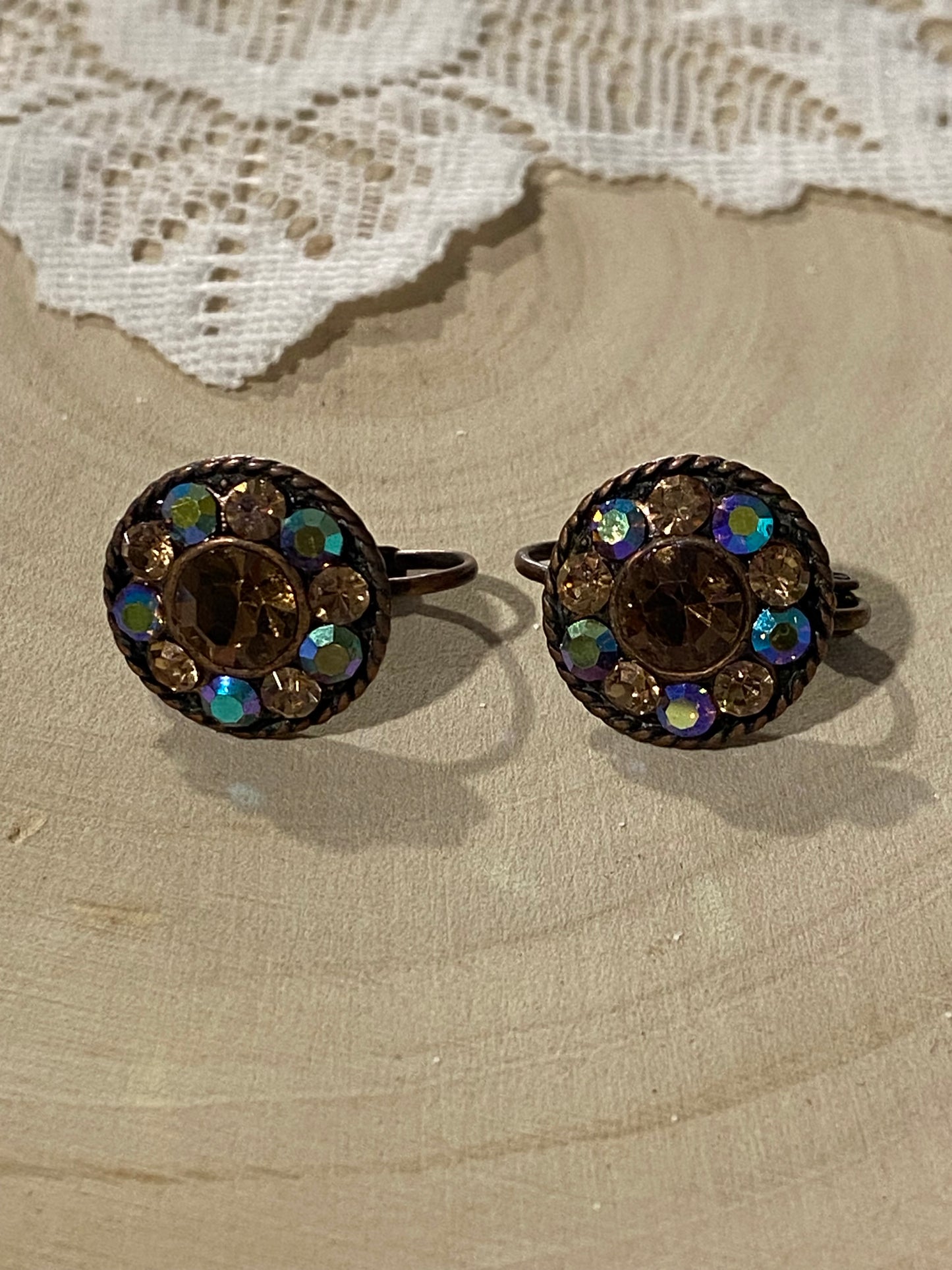 Bronze-tone Earrings with Aurora Borealis Rhinestones [Lever]