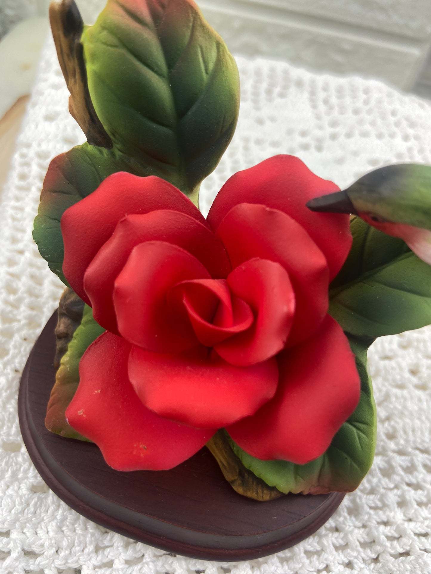 Red Bisque Porcelain Rose with Hummingbird on Small Branch