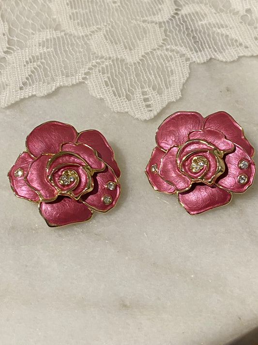 Pink Enamel Rose Earrings [Clip-Ons]
