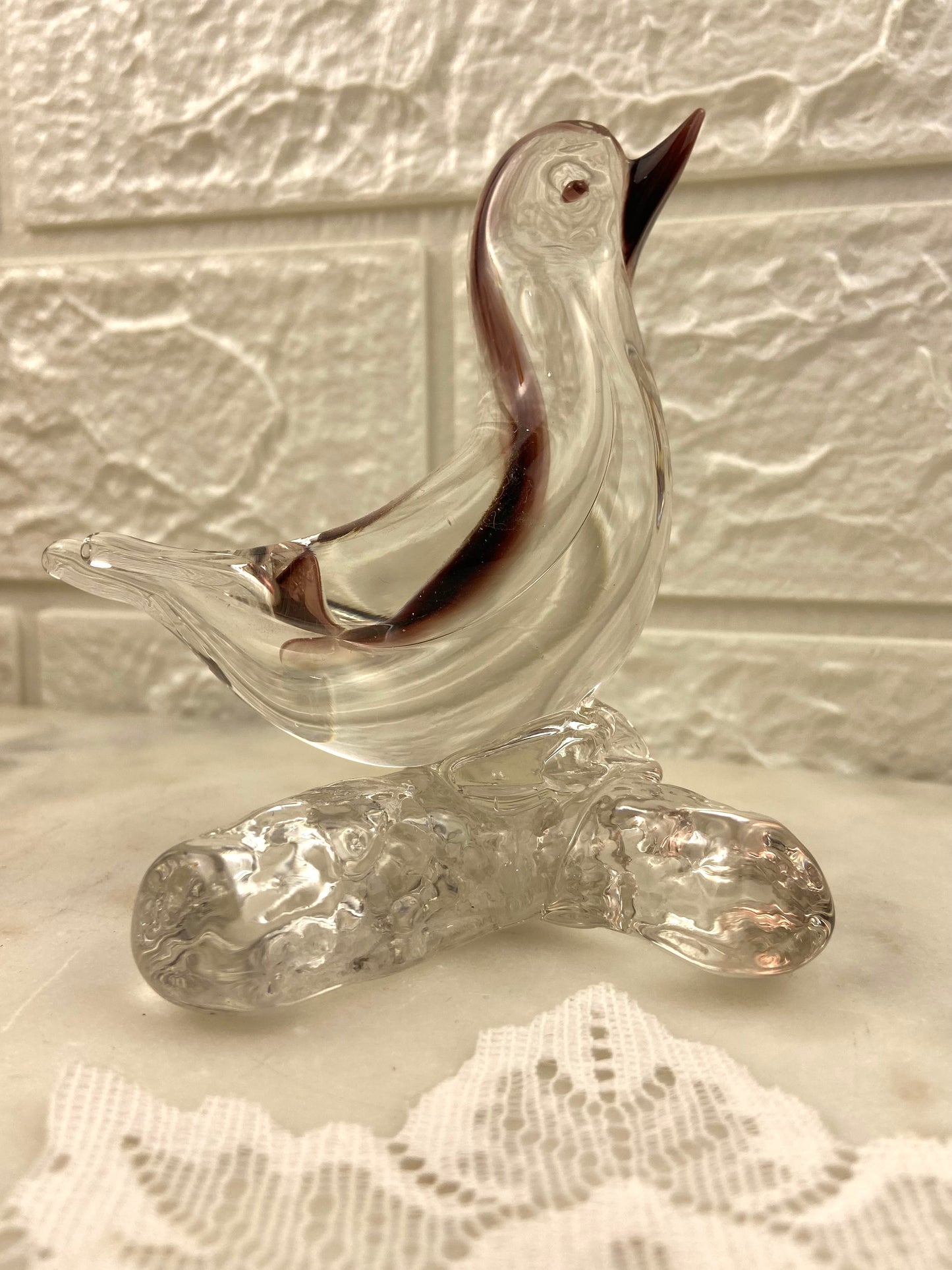 Art Glass | Burgundy and Clear Hand Made Glass Bird on a Branch Figurine or Paperweight