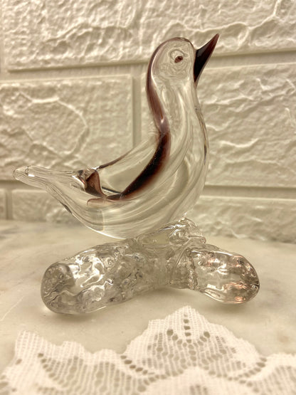 Art Glass | Burgundy and Clear Hand Made Glass Bird on a Branch Figurine or Paperweight