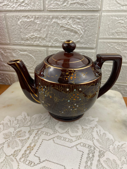 Japanese Redware | Small Brown Teapot with Hand Painted Enamel & Gold-Tone Design