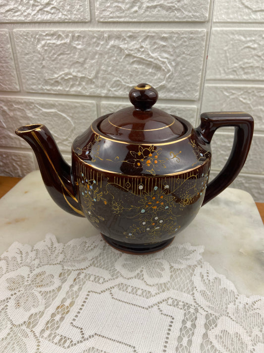 Japanese Redware | Small Brown Teapot with Hand Painted Enamel & Gold-Tone Design