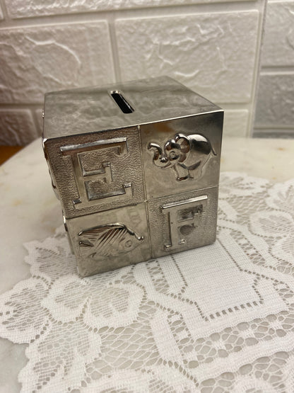 3” Silver-Plated Coin Bank | Alphabet Cube with Animals