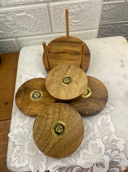 Set of 4 x Round Myrtlewood Drink Coasters with Stand