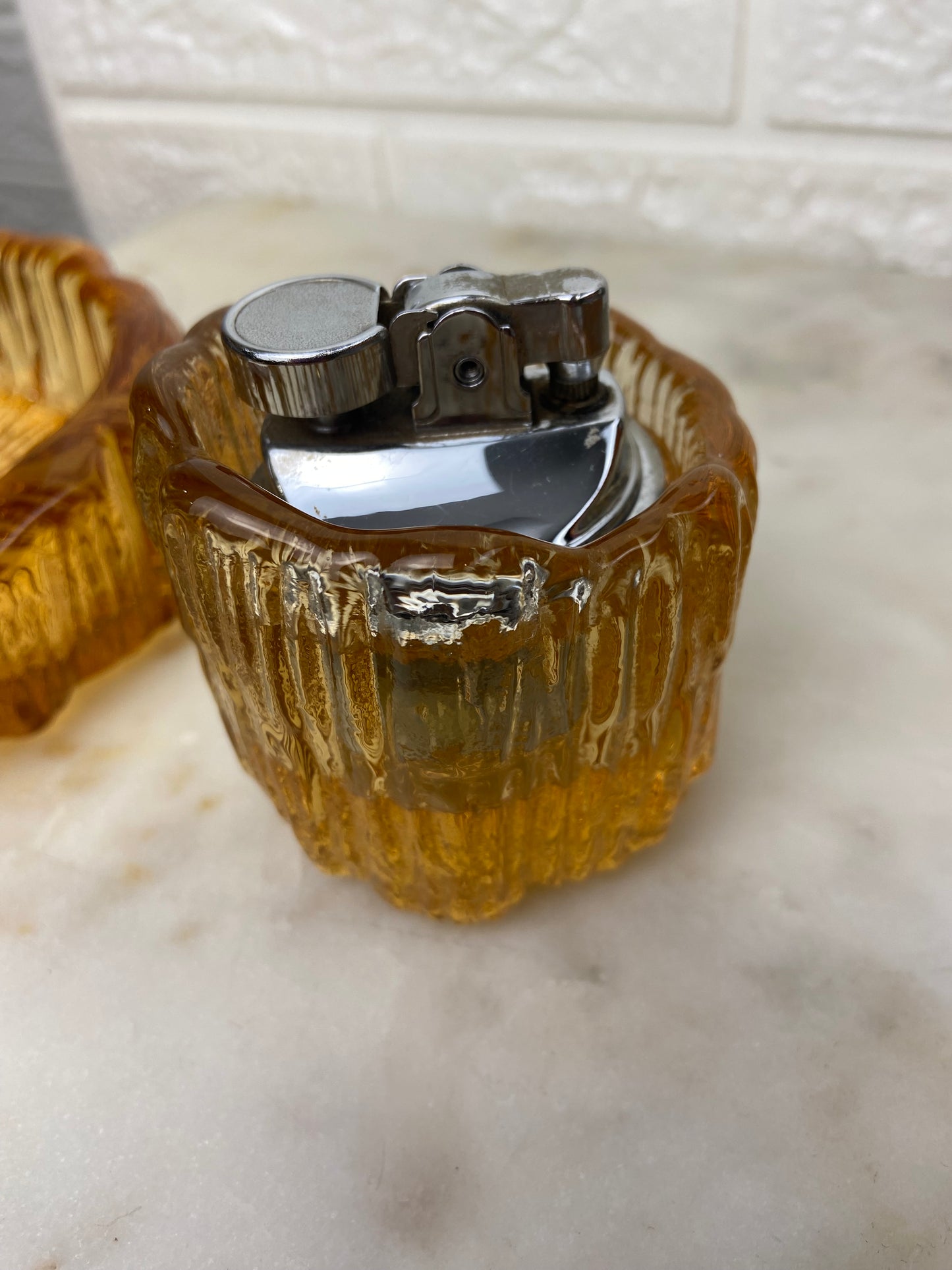Amber Glass Ashtray and Lighter Set; MCM