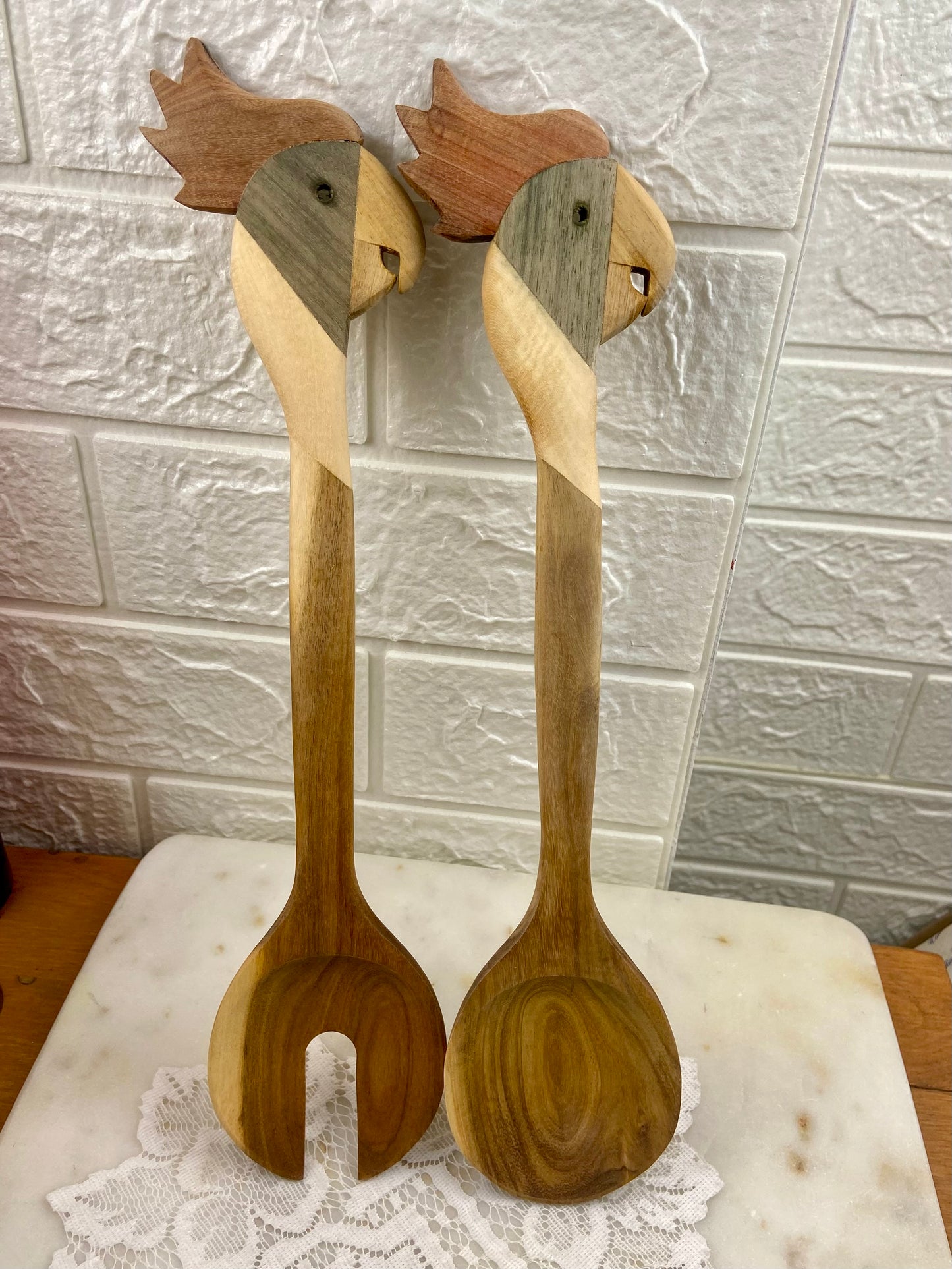 Pair of Handmade Wooden Salad Spoons with Parrots’ Heads