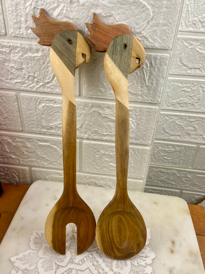 Pair of Handmade Wooden Salad Spoons with Parrots’ Heads