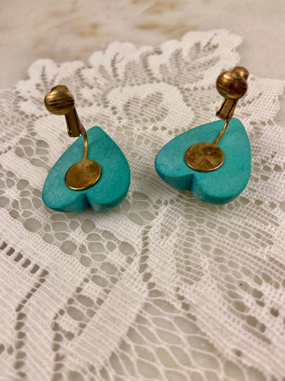 Turquoise Painted Wooden Heart-Shaped Earrings [Clip-Ons]