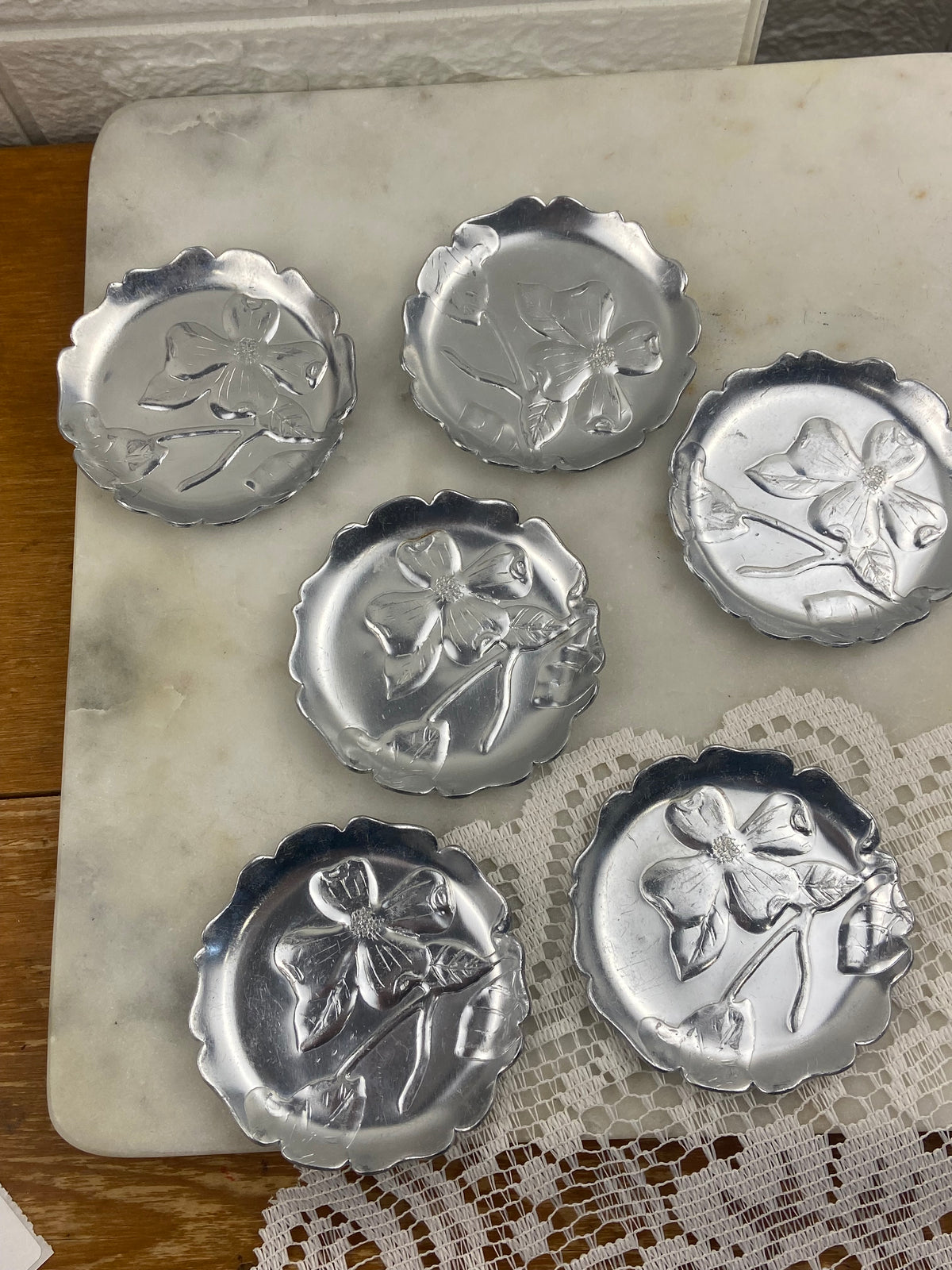 Set of 6 MCM Hammered Aluminium Coaster Set with Dogwood Floral Motif
