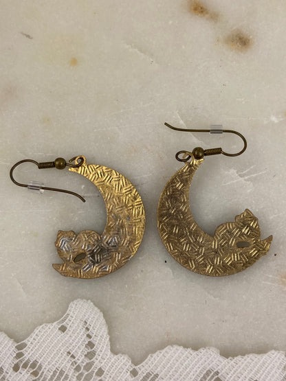 Gold Plate Stefano Cloisonne Earrings | Back Cats on Red Moons [Hooks]
