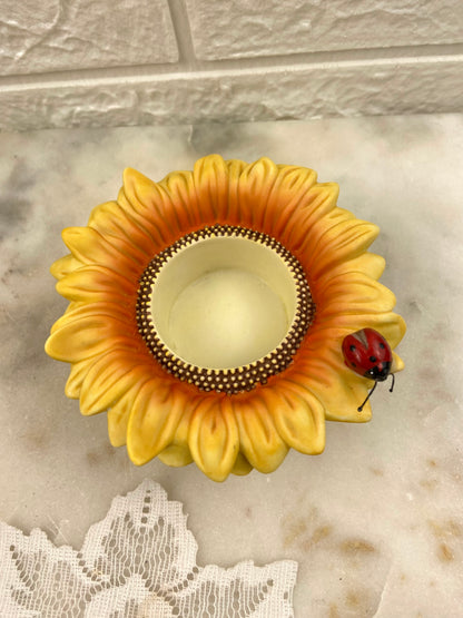 Bisque Porcelain Sunfower Candle Votive with Ladybug by Partylite