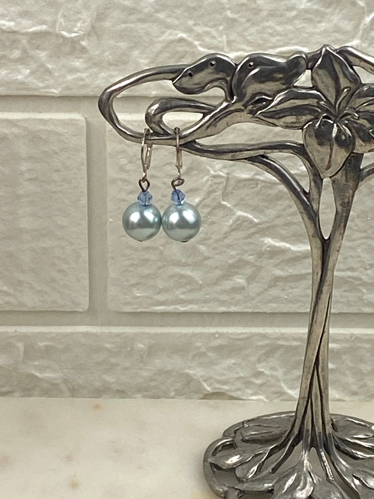 Silvery-Blue Faux Pearl Dangle Earrings [Lever Back]